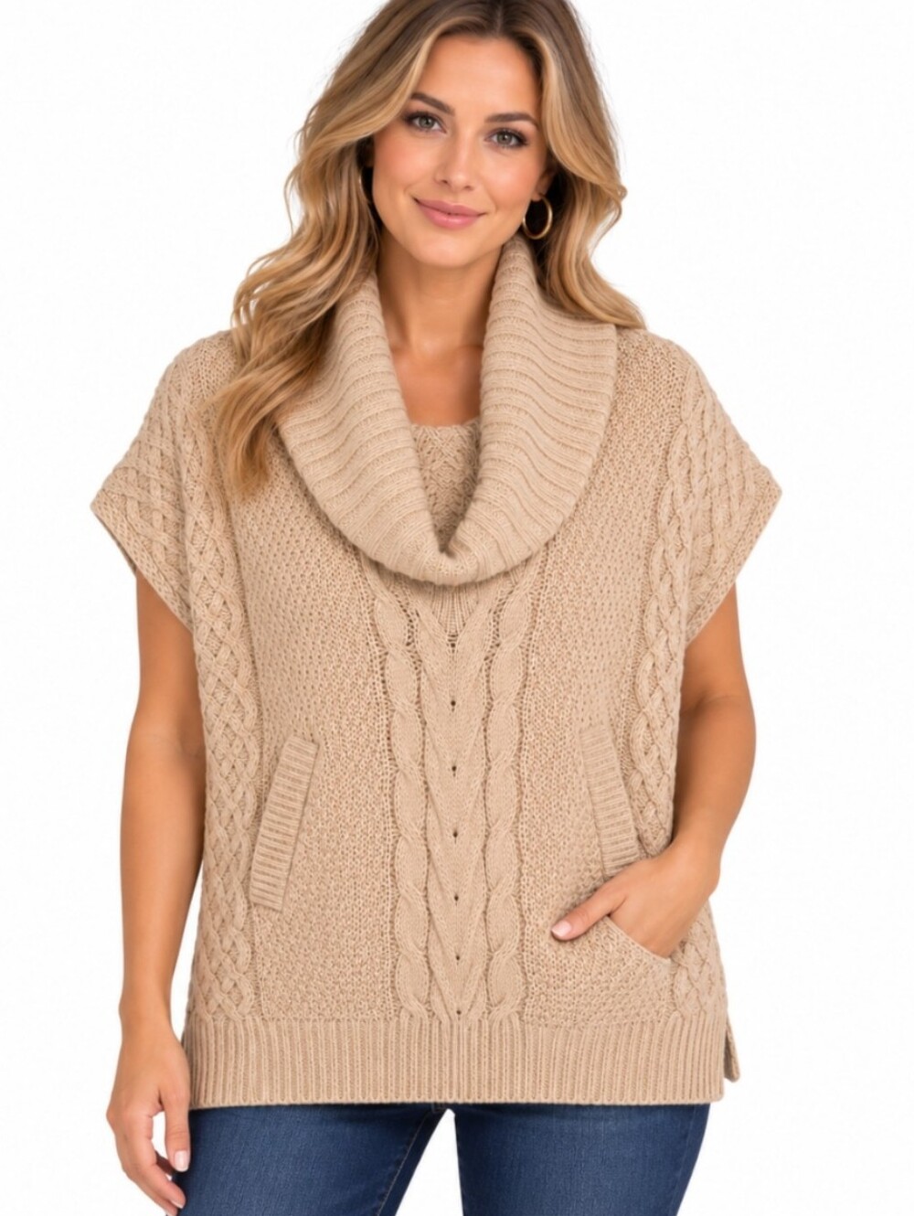 Saks Fifth Avenue Tan Chunky Cable-knit Cowl Neck Sweater Vest Sz Med